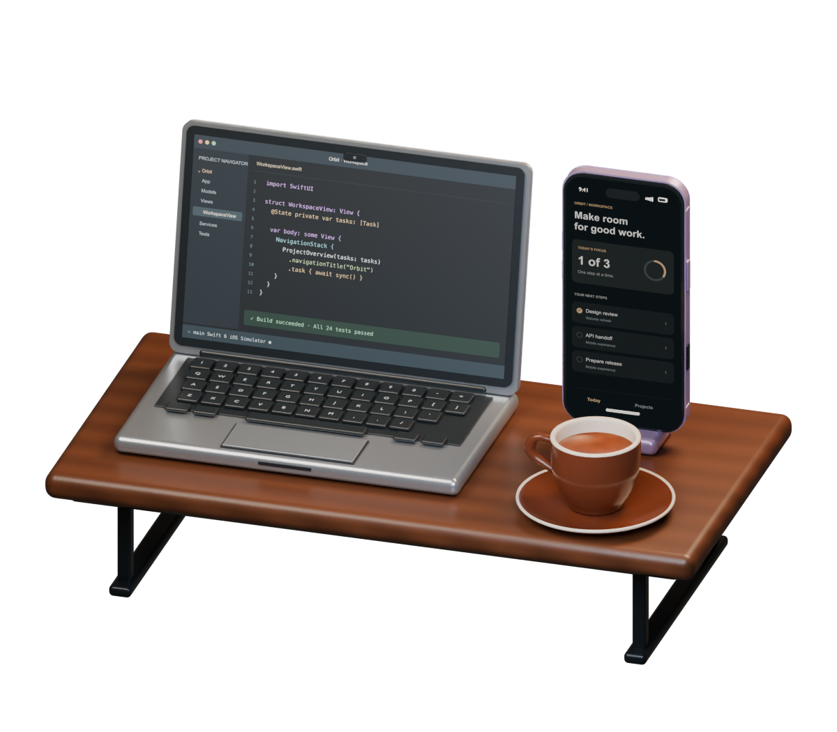 A walnut developer desk with a laptop displaying Swift code, a lavender iPhone 17-inspired handset running Orbit, and a small espresso cup.